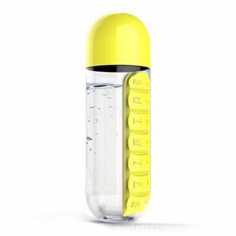 Tragbare 2-in-1-Wasserflasche mit Pillendose für 7-Tage-Planung