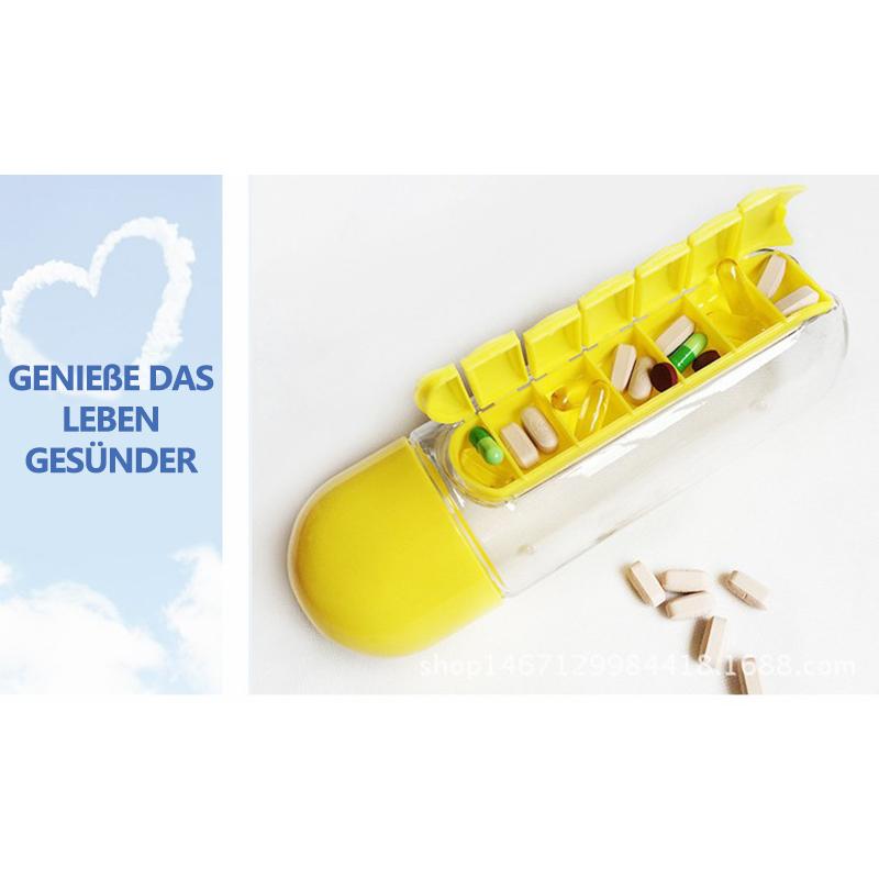 Tragbare 2-in-1-Wasserflasche mit Pillendose für 7-Tage-Planung